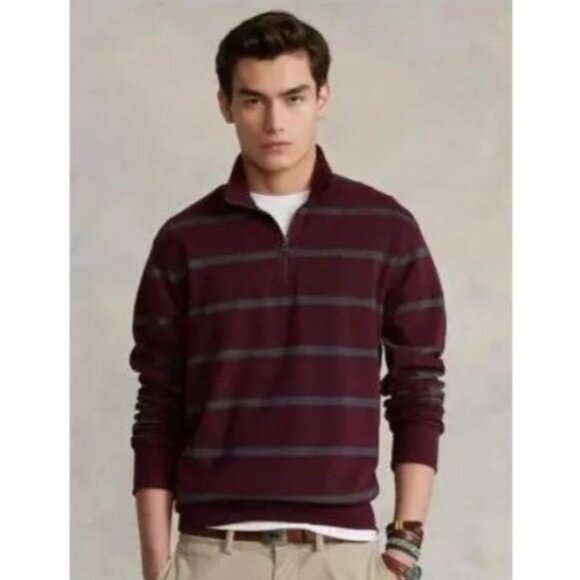 NWT Polo Ralph Lauren Men's Luxury Jersey Striped 1/4-Zip Pullover Burgundy XXL - Picture 1 of 8